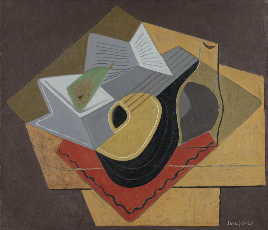 Abstract artwork with geometric shapes and a guitar-like figure on a brown background
