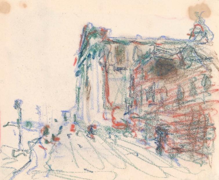 Abstract sketch of a building using soft pastel hues of blue, red, and green. The lines are loose, conveying a dreamy, airy cityscape.