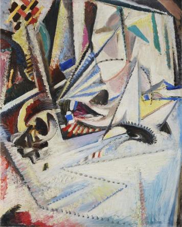 Abstract painting with angular shapes and vibrant colors, depicting geometric forms intertwined with dynamic lines. The tone is energetic and chaotic.