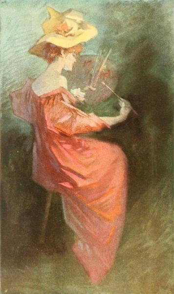 A painting featuring a woman in a red dress with a hat, holding a paintbrush, set against a blurred background.