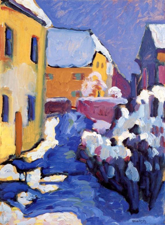 Painting of a snowy street scene with colorful houses and a pink building.