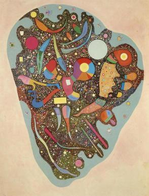 Abstract artwork with colorful shapes and patterns on a beige background