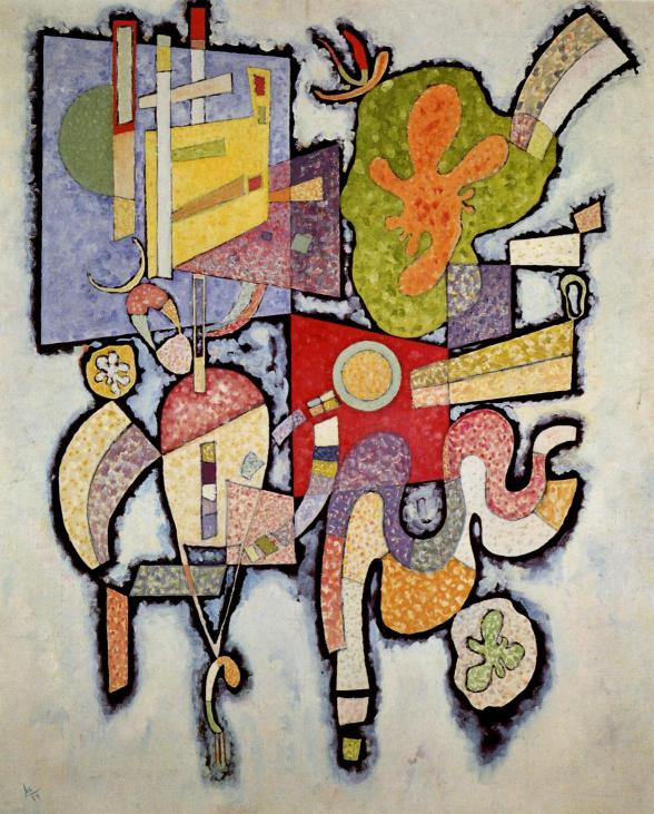 Abstract artwork with geometric shapes and vibrant colors on a light background