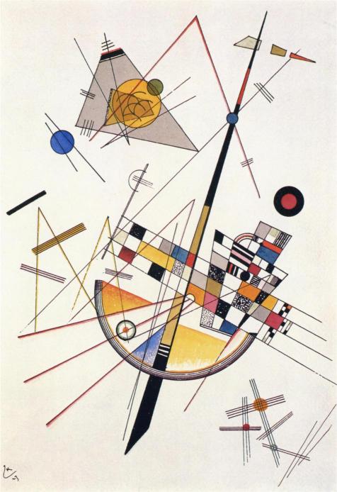 Abstract geometric design with colorful shapes and lines on a white background