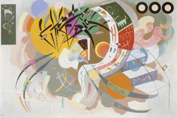 Abstract art piece with colorful geometric shapes on a light background