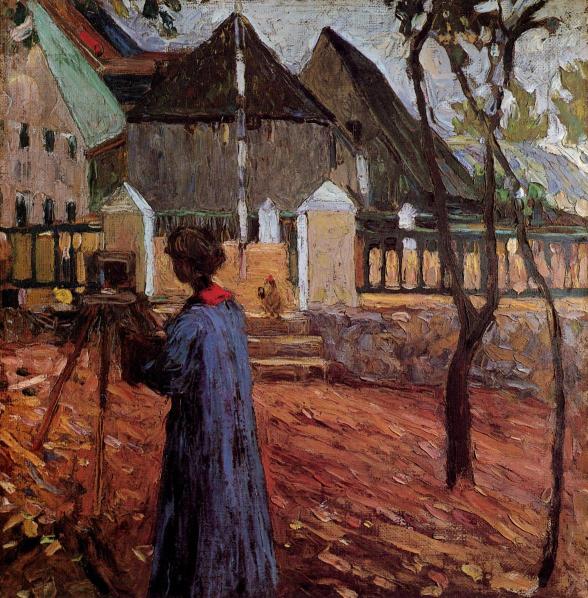 Painting of a woman in a blue dress standing in a village setting with houses and trees.