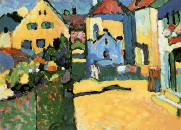 Colorful painting of a street scene with houses and a church.