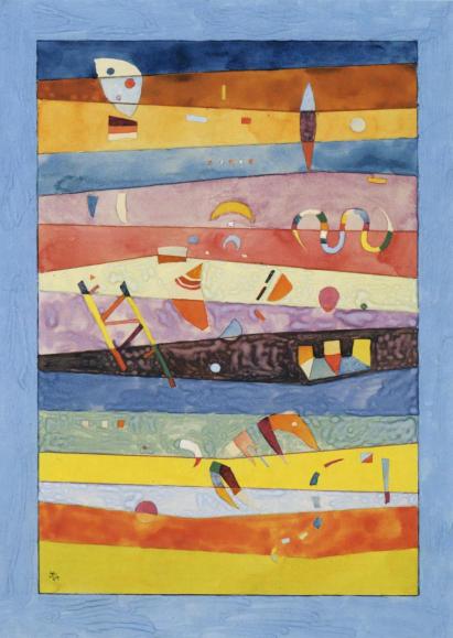 Abstract artwork with horizontal stripes in various colors on a blue background