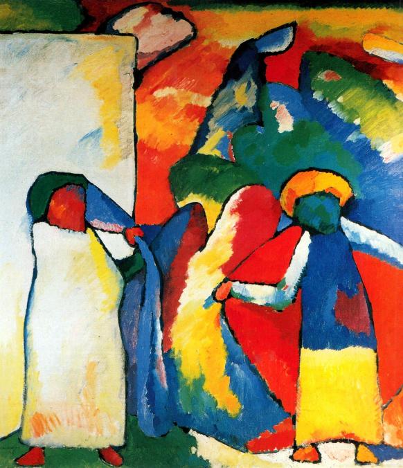 Abstract painting with colorful figures and vibrant background