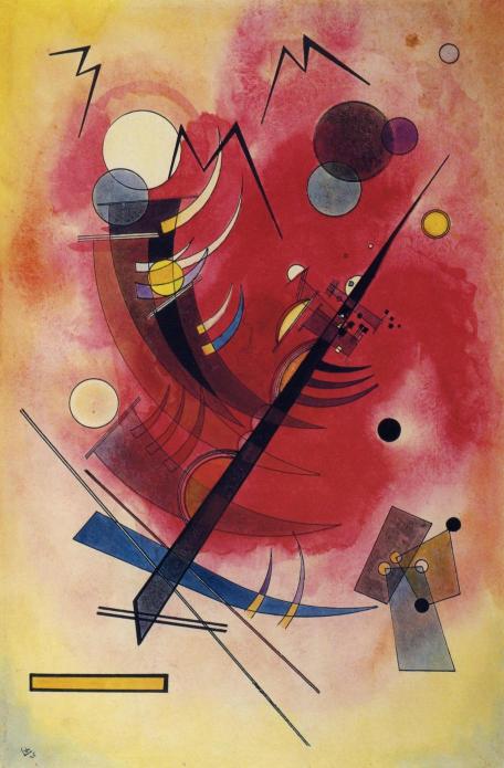 Abstract art piece with geometric shapes and bold colors on a red and yellow background