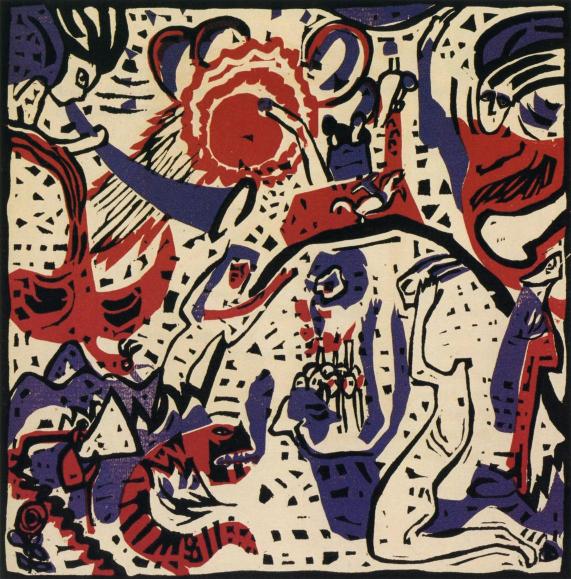 Abstract artwork with a central figure, surrounded by various shapes and colors.