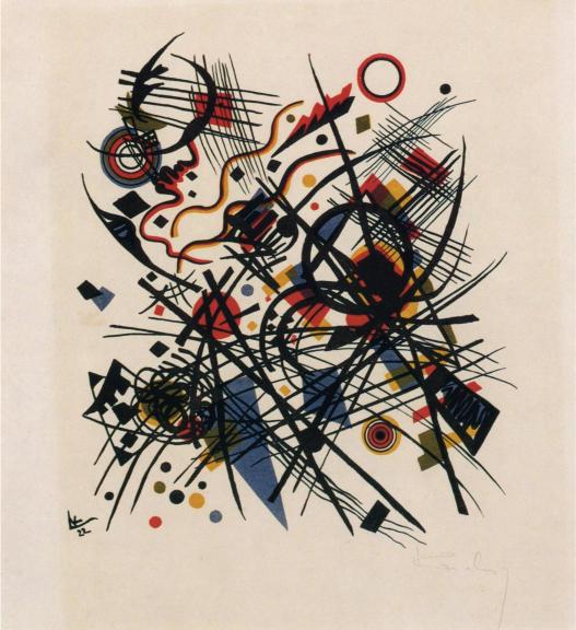 Abstract art piece with black, red, blue, and yellow elements on a beige background