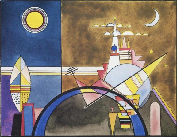 Abstract artwork with geometric shapes and a stylized landscape.