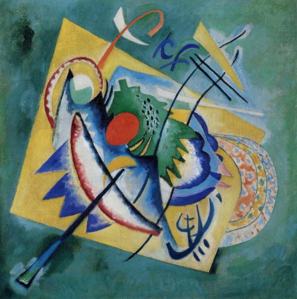 Abstract artwork with geometric shapes and vibrant colors on a green background