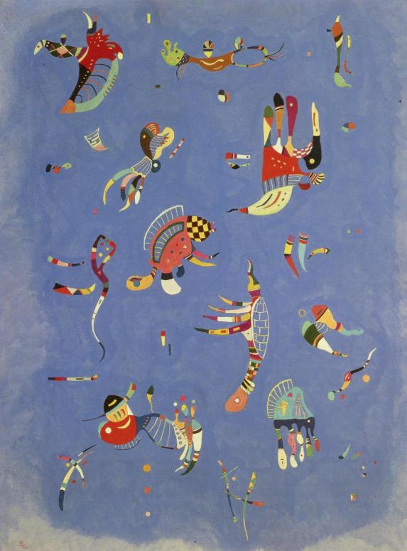 Abstract artwork with colorful figures on a blue background