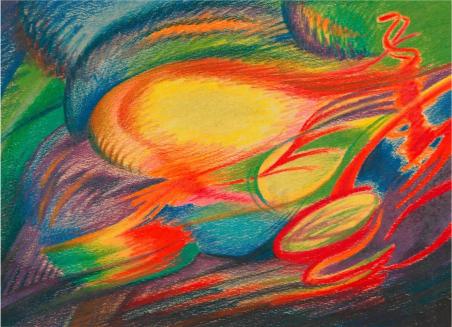 Abstract artwork with vibrant swirls in red, yellow, blue, and green. Dynamic, fluid shapes convey movement and energy, creating an intense, lively mood.