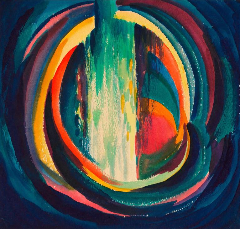 Abstract painting with concentric colorful circles on a dark blue background