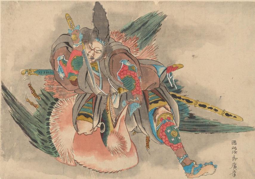 Samurai in colorful armor rides a giant bird, holding a sword. The scene feels dynamic and intense, with vivid reds and blues contrasting against muted tones.