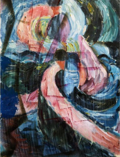 Abstract painting with swirling colors and shapes