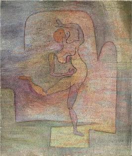 Abstract artwork with a figure in a chair, using a limited color palette.