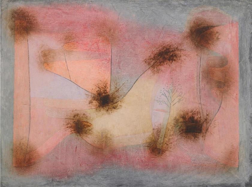 Abstract artwork with pink, brown, and gray colors on a textured surface