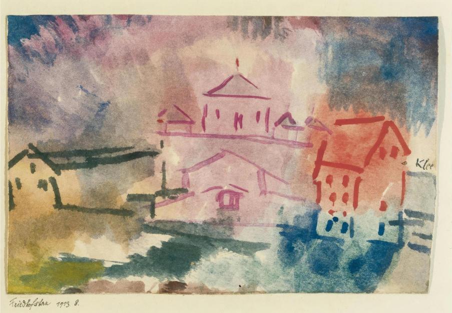 Abstract watercolor painting of houses with a colorful sky