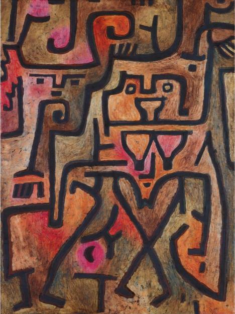 Abstract artwork with stylized figures in brown, pink, and black on a textured background