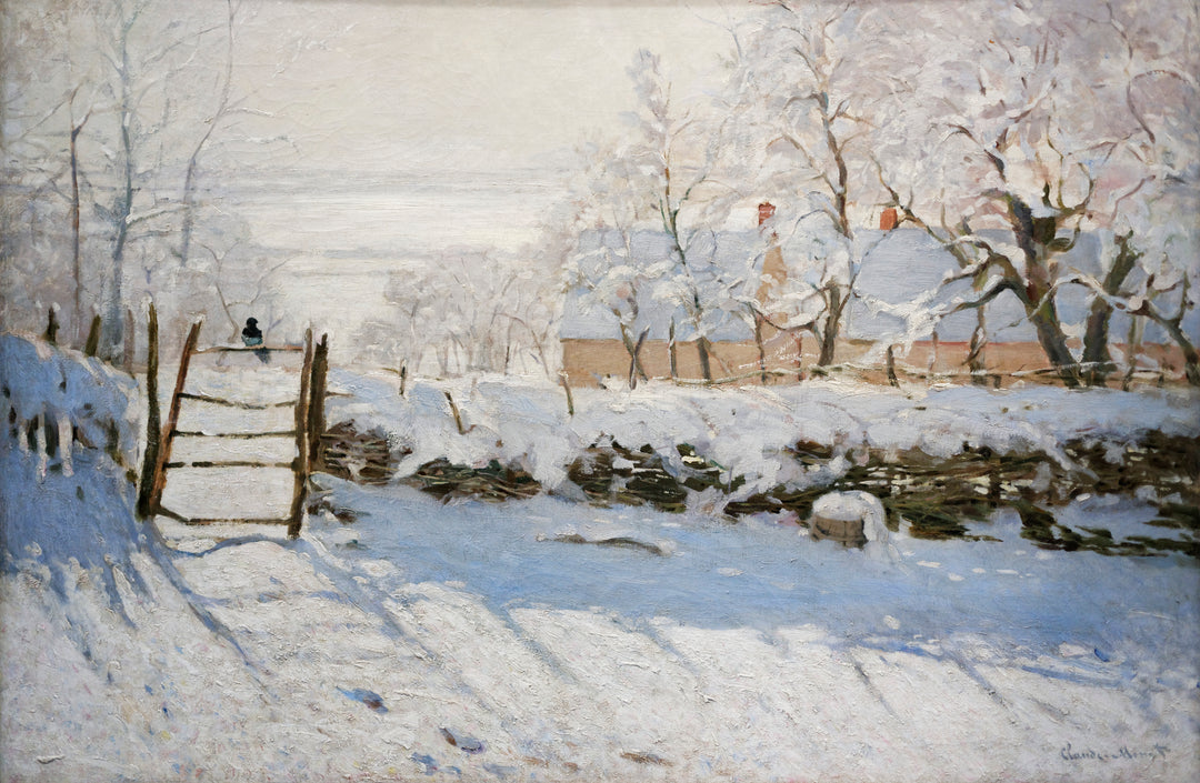 A painting by Claude Monet, depicting a snowy landscape with a river and trees covered in hoarfrost, titled 'La Pie'.