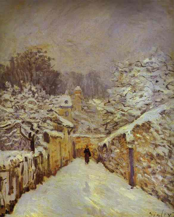 A painting depicting a snowy landscape with a path leading to a village, featuring a figure walking towards the viewer.