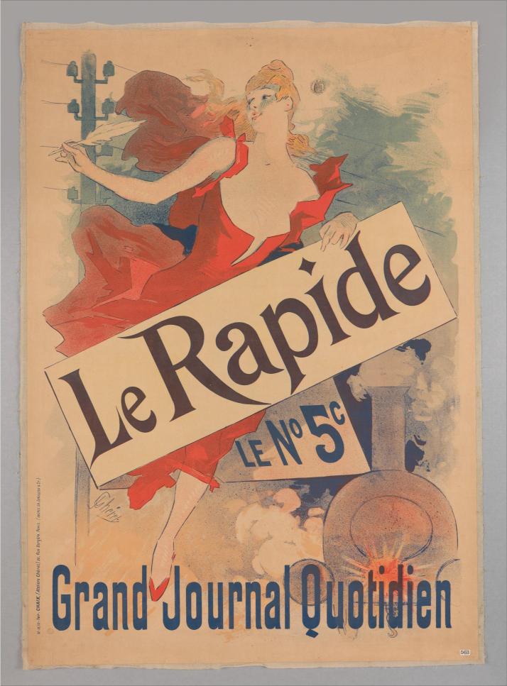 A vintage poster featuring a stylized, dynamic female figure with flowing red and blue garments, holding a sign that reads 'Le Rapide Grand Journal Quotidien'.