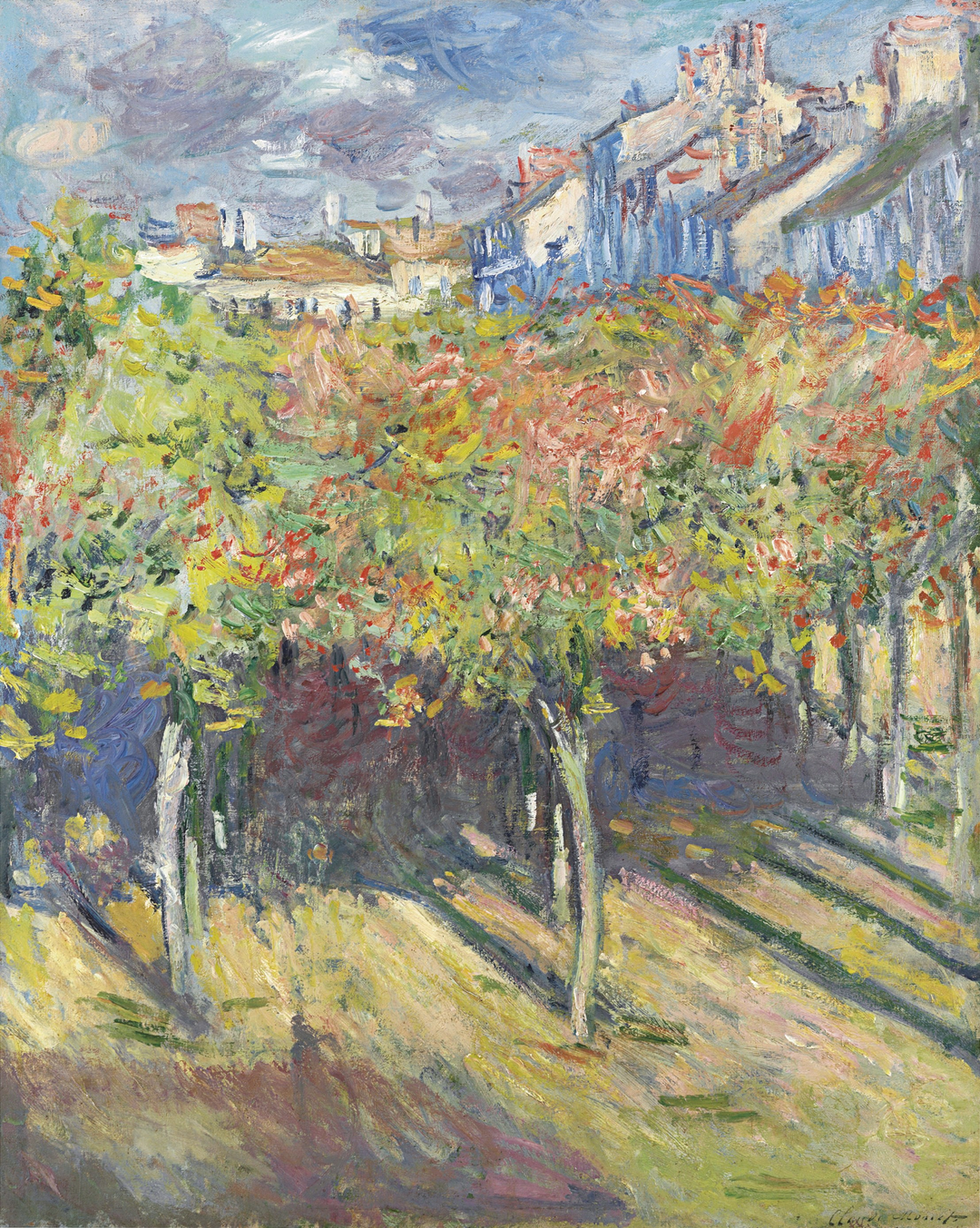 A painting titled 'Les_Tilleuls à Poissy' by Claude Monet, featuring a landscape with trees in the foreground and buildings in the background.