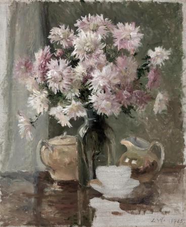 A vase of soft pink and white flowers is set on a wooden table, flanked by a teapot and cup, evoking a serene, classic still-life ambiance.