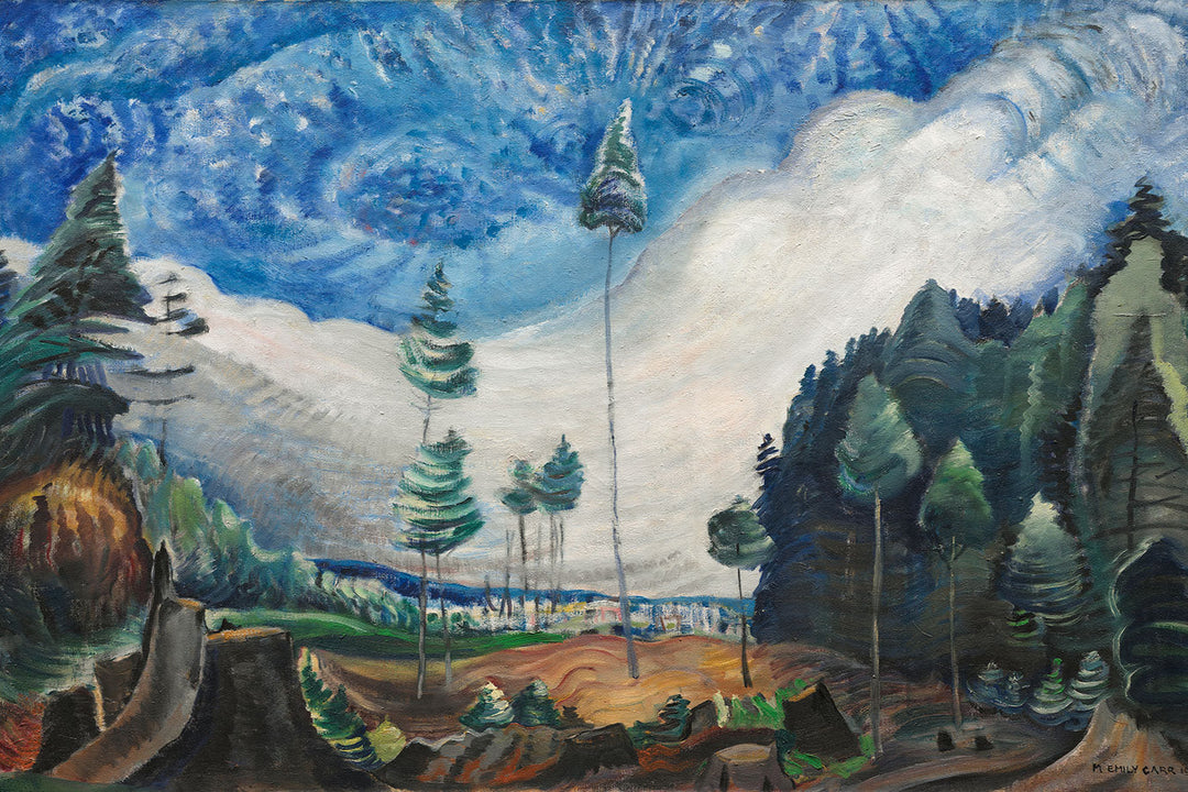 A painting featuring a forest landscape with tall trees and a blue sky with clouds.