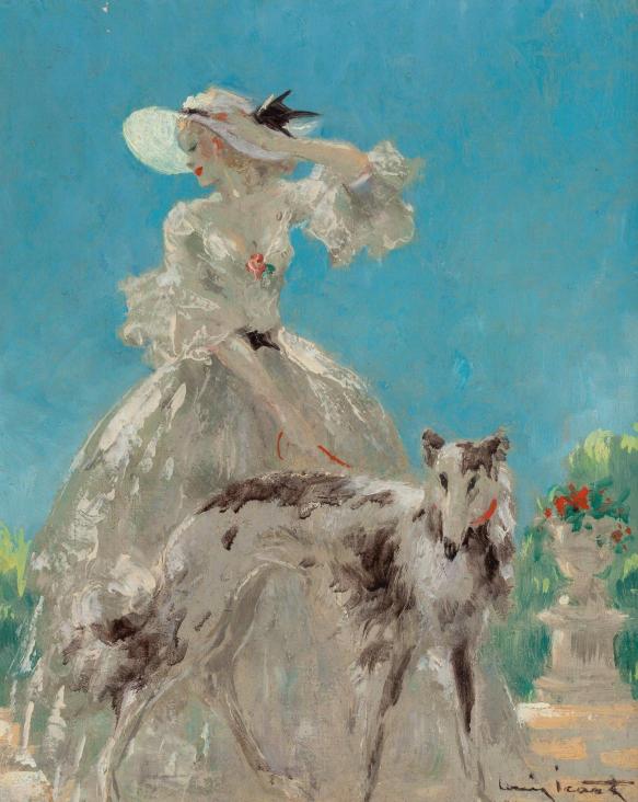 A woman in a flowing white dress and wide-brimmed hat stands gracefully with a large dog in front of a vivid blue sky, evoking elegance and tranquility.