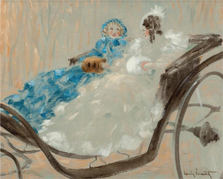 Painting of two women in a carriage, one in a blue dress and the other in white, with a dog.