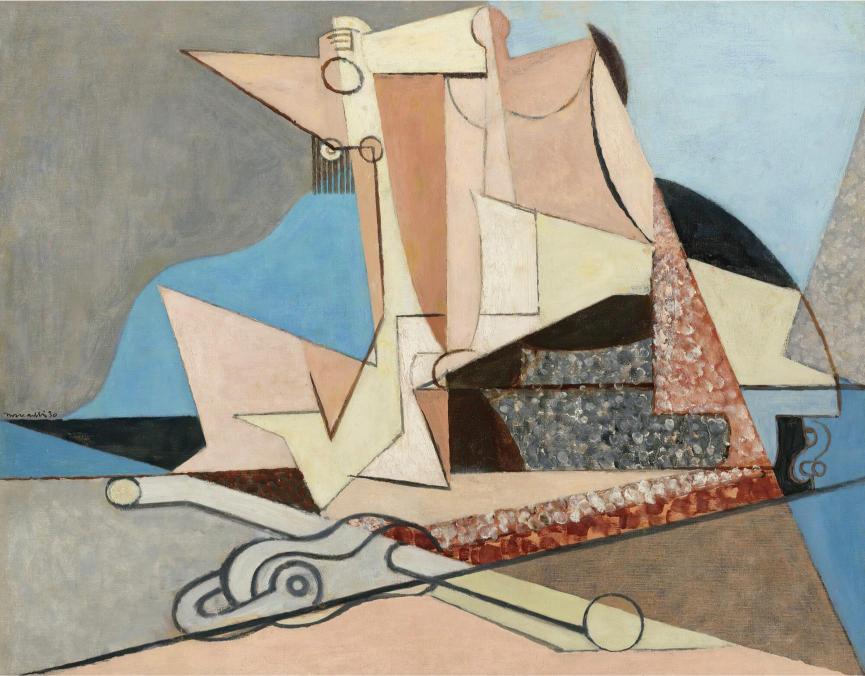 Abstract painting with geometric shapes in muted tones of beige, blue, and gray. Overlapping forms create a complex, layered composition.