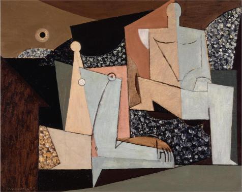 Abstract painting with geometric shapes and muted tones. Features two stylized human forms amid angular patterns, conveying a contemplative tone.