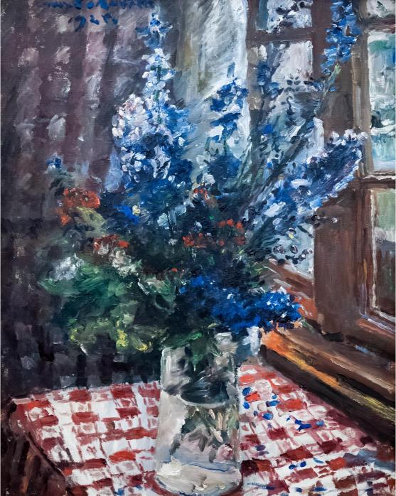 A painting featuring a vase with blue and orange flowers on a tablecloth, with a window in the background.