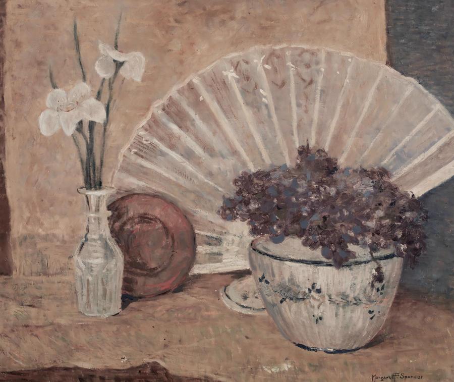 A still life painting with white flowers in a clear vase. A decorative fan and brown hat are beside a patterned bowl of purple flowers on a table.