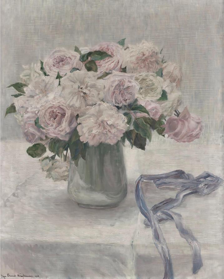A vase of lush pink and white roses with green leaves on a table, along with a delicate blue ribbon. The scene conveys a soft, tranquil elegance.