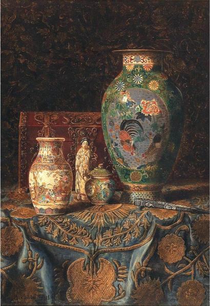 A still life painting featuring ornate, colorful vases and a small statue on an embroidered tablecloth. The scene feels rich and intricately detailed.