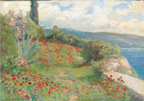 A scenic coastal landscape painting depicts a path winding through a grassy hillside, dotted with red poppies, overlooking a calm blue sea under a cloudy sky.