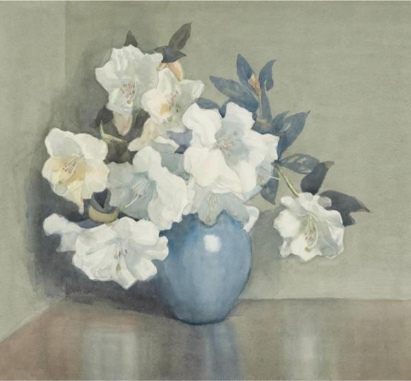 A blue vase holds white flowers with green leaves against a soft gray background. The setting is calm and serene, evoking a sense of tranquility.