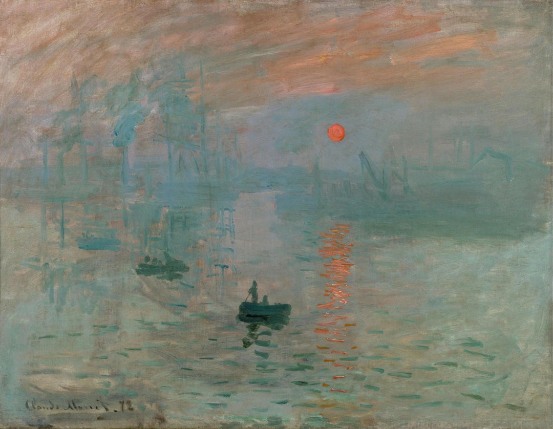 A painting by Claude Monet titled 'Sunrise 2', featuring boats on water with a red sun in the background.