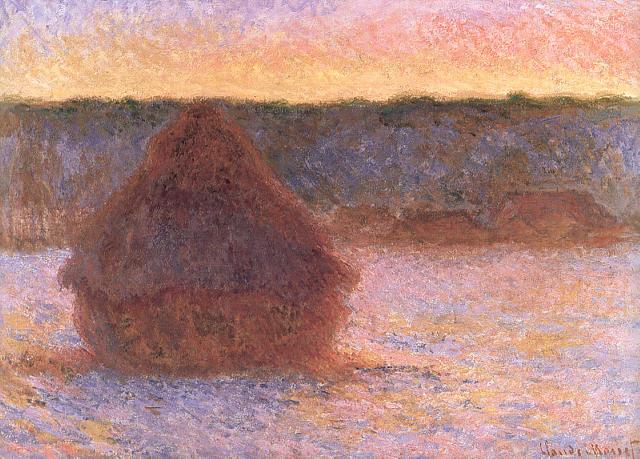 A painting titled 'Haystacks at Sunset Frosty Weather' by Monet, featuring a haystack in a field during sunset.