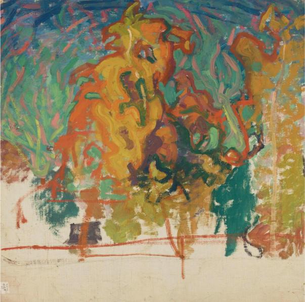 Abstract painting with vibrant, swirling colors. Orange, green, and blue dominate, creating a dynamic, energetic feel. Brushstrokes are expressive and bold.