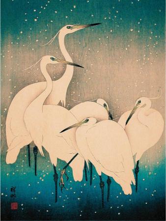 A serene Japanese woodblock print of six white cranes standing in shallow water against a teal background, with softly falling snowflakes.