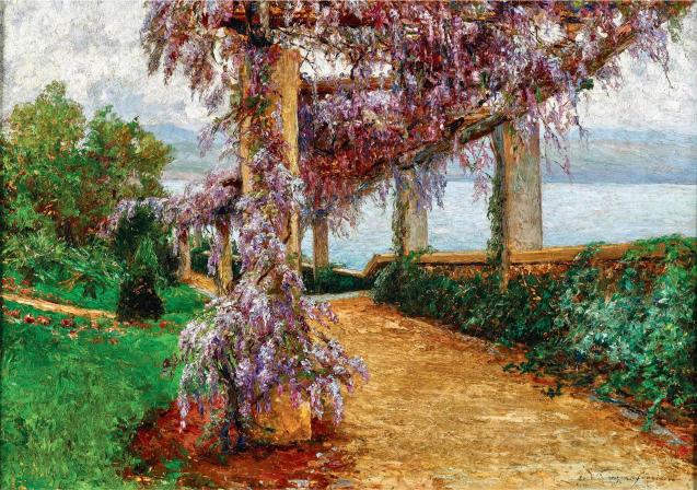 A serene garden scene with a path lined by wisteria-draped pergolas. Lush greenery and a calm lake backdrop create a peaceful, picturesque atmosphere.