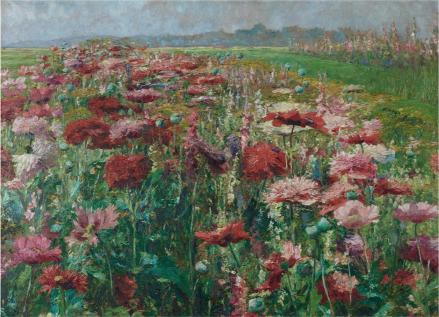A vibrant field of red and pink flowers under a cloudy sky stretches into the distance, evoking a serene, pastoral atmosphere. Lush greenery surrounds the blooms.