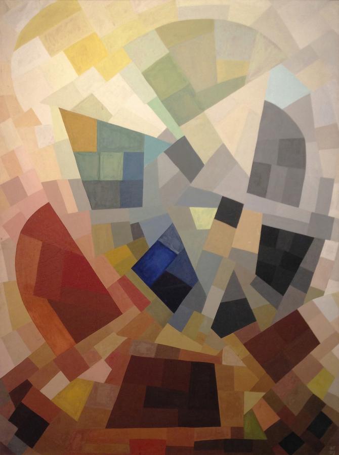 Abstract painting with geometric shapes in muted tones of brown, gray, blue, and yellow. The overlapping forms create a sense of depth and complexity.